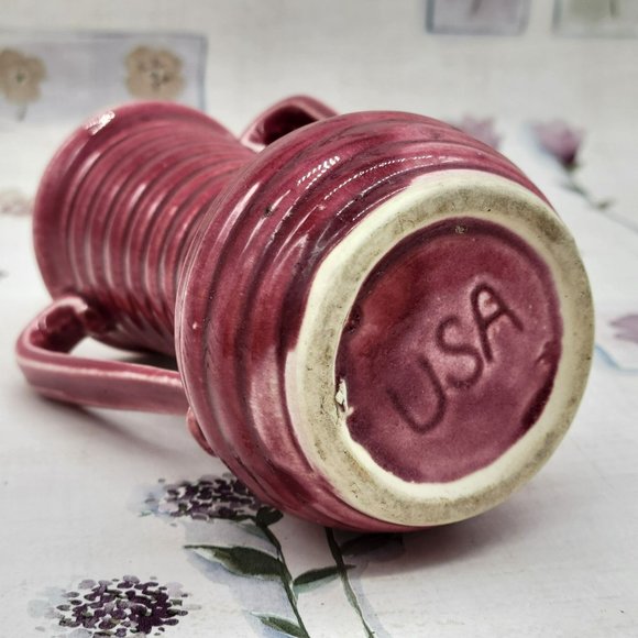 Vintage Art Pottery Vase USA Small Mulberry Ceramic Ribbed Two Handle - Picture 7 of 8